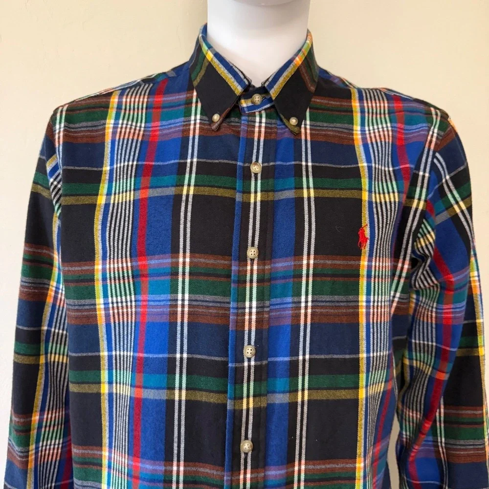 Ralph Lauren Mens  Custom Fit Plaid Flannel Button Down Shirt Multi Color Size L